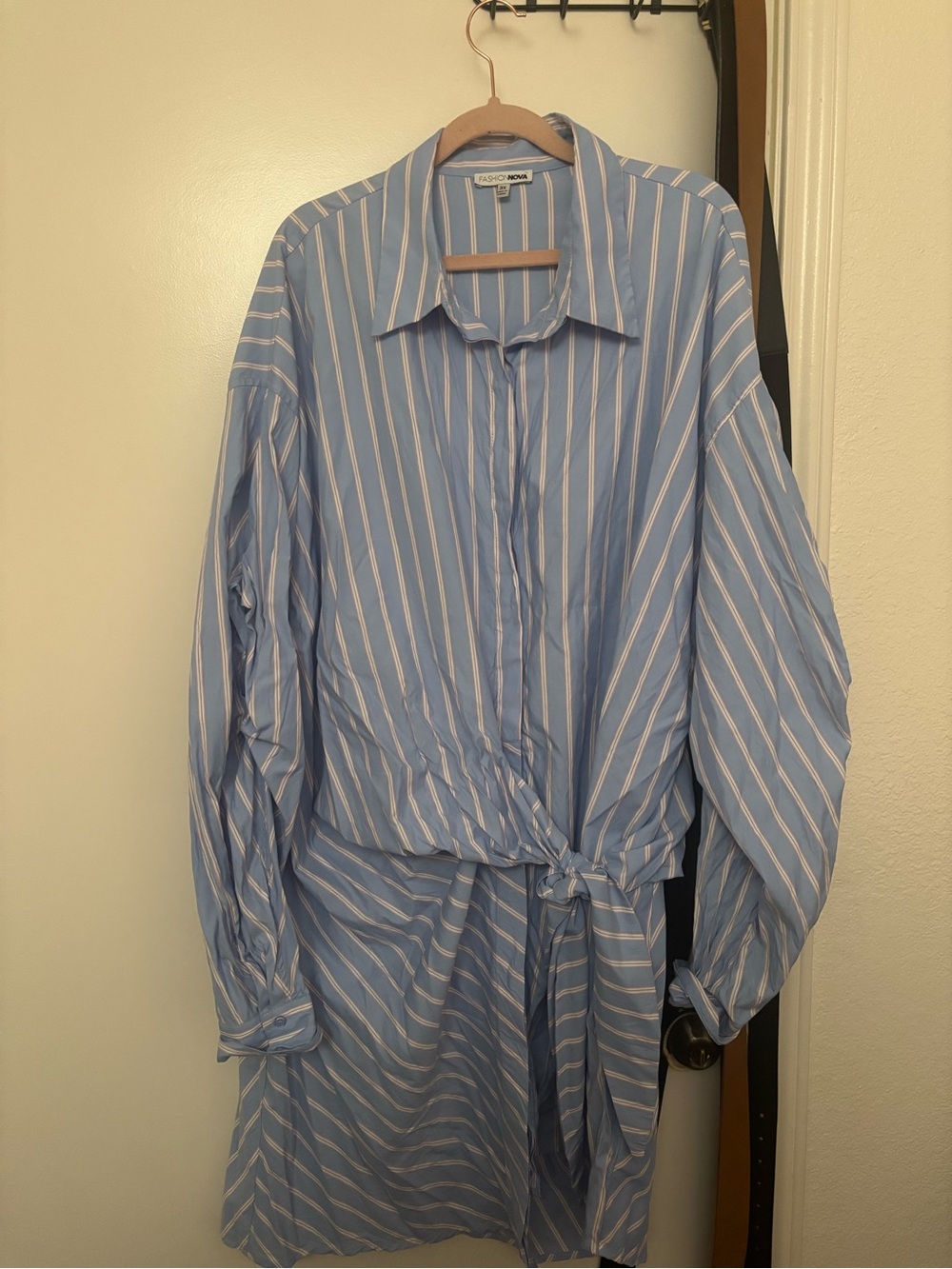 Fashion Nova Sky Blue & White Striped Button-Up Tie-Waist Shirt Dress